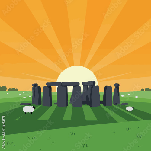 Stone Circle Sunrise Landscape with Sheep on Green Field Vector Illustration 