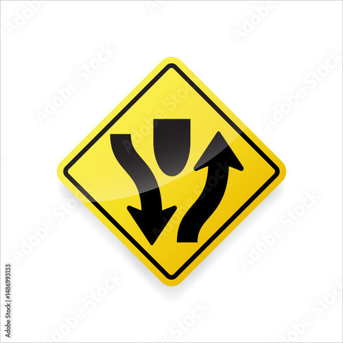 Vector illustration of a divided highway traffic sign. Yellow diamond-shaped road sign indicating that the road ahead is divided by a median or barrier.