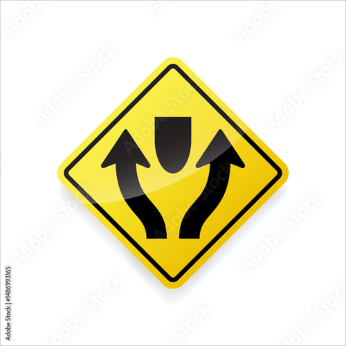 Vector illustration of a divided highway traffic sign. Yellow diamond-shaped road sign indicating that the road ahead is divided by a median or barrier.