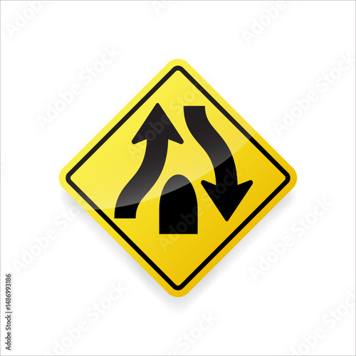 Vector illustration of a divided highway traffic sign. Yellow diamond-shaped road sign indicating that the road ahead is divided by a median or barrier.