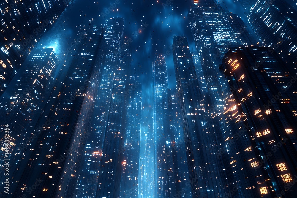 Obraz premium Futuristic Rainy Night Cityscape with Illuminated Skyscrapers, Cyberpunk Urban Atmosphere