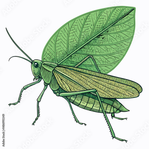 Create a vibrant vector illustration of a detailed katydid perched on a lush green leaf, showcasing its intricate textures and realistic coloration.