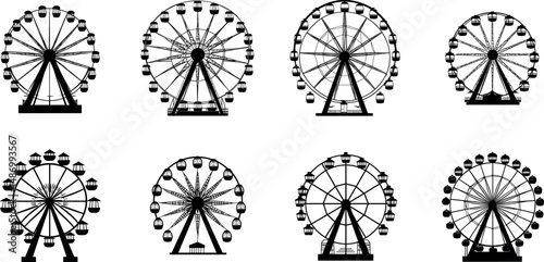 Collection of ferris wheel silhouettes isolated on a white background