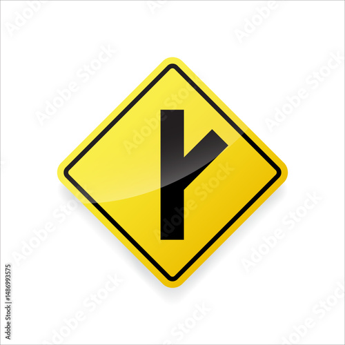 Branching off road warning sign vector. Flat design on yellow diamond board for traffic guidance.