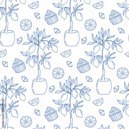 Lemon and cupcake themed decorative pattern with plants presented in a minimalistic style