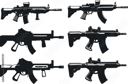 Six different assault rifles isolated on a white background