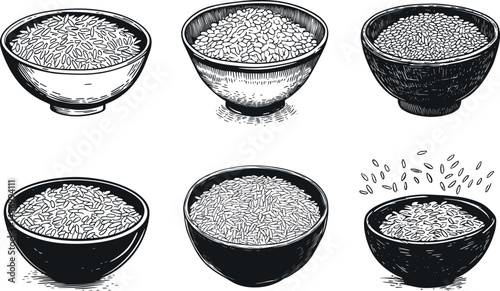 Various bowls of rice in a sketch style illustration