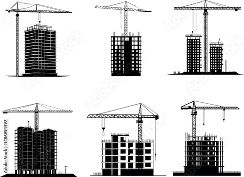 Silhouettes of construction cranes and buildings under construction on a white background