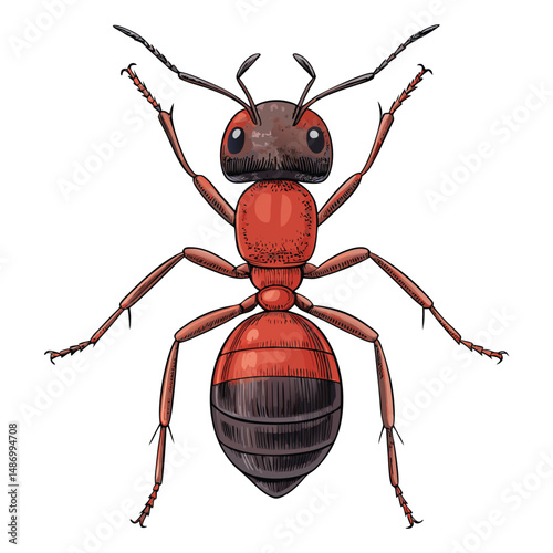 Create a detailed vector illustration of a carpenter ant, showcasing its reddish-brown body, segmented legs, and mandibles.  Include high-resolution detail.