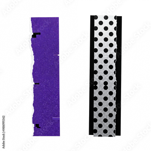 Purple and polka dot torn paper on white background creating abstract design