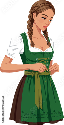 Young woman in traditional green dirndl dress with braided hairstyle vector illustration 