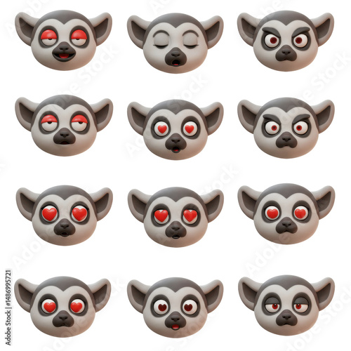 Various emotions of a cartoon lemur faces collection
