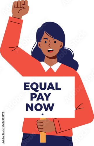 Woman holding equal pay now sign protesting for workers rights and gender equality vector illustration 