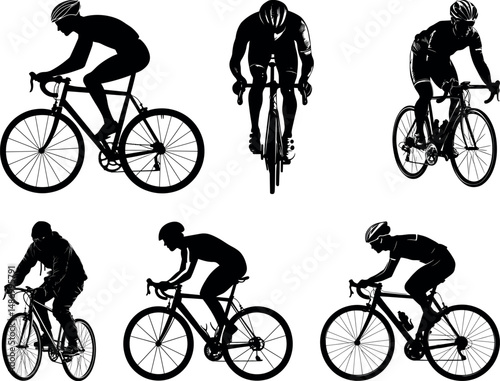 Silhouettes of cyclists riding bicycles on a white background