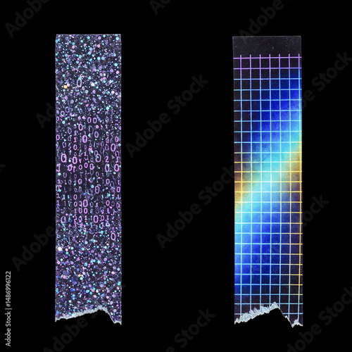 Two decorative colorful strips with glitter and binary code on black background