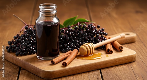 A small glass bottle of homemade elderberry syrup next to fresh elderberries, honey, and cinnamon sticks on a wooden table. Warm, rustic aesthetic, detailed texture