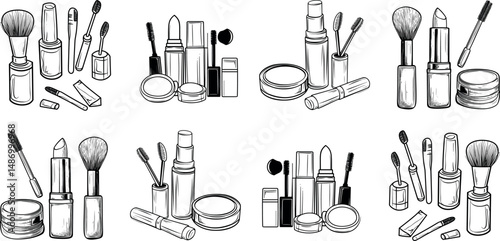 Illustration of various makeup products and cosmetic accessories in black and white