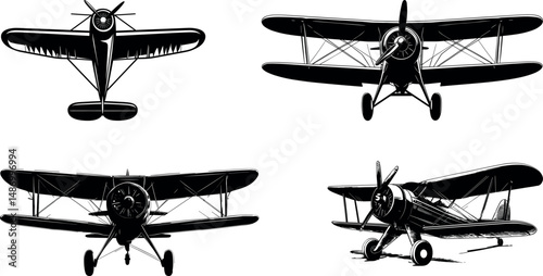 Four vintage biplane illustrations isolated on a white background