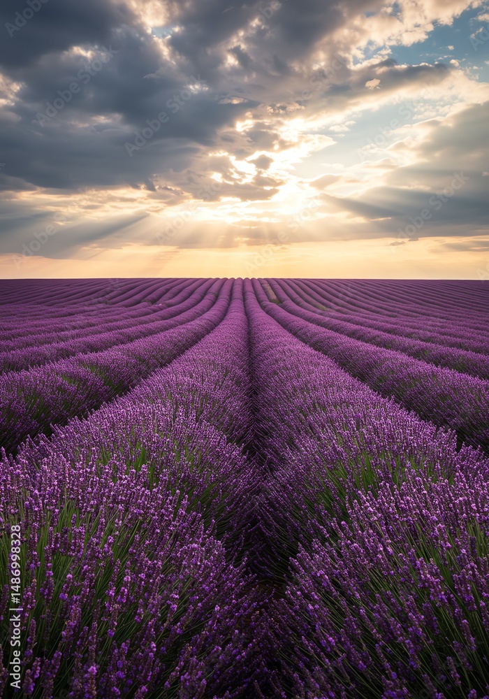 Obraz premium Lavender Field Sunset: Serene Purple Rows at Golden Hour