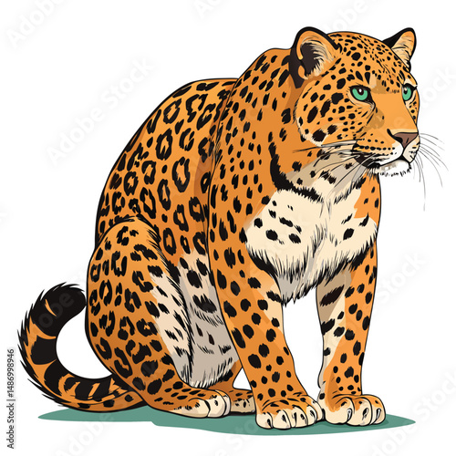 Create a vector illustration of an Amur leopard crouching, its fur a rich golden orange hue.  Show detailed fur texture and muscular definition.