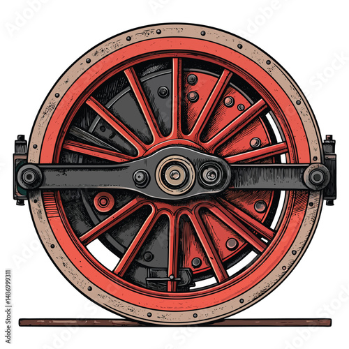 Create a detailed vector illustration of a rusty, old steam locomotive wheel, showing significant wear and texture.  Include intricate details of the metal and rust.
