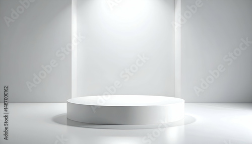 Soft pastel gray background with central podium and gentle white light gradient, perfect for product mockups and elegant presentations.