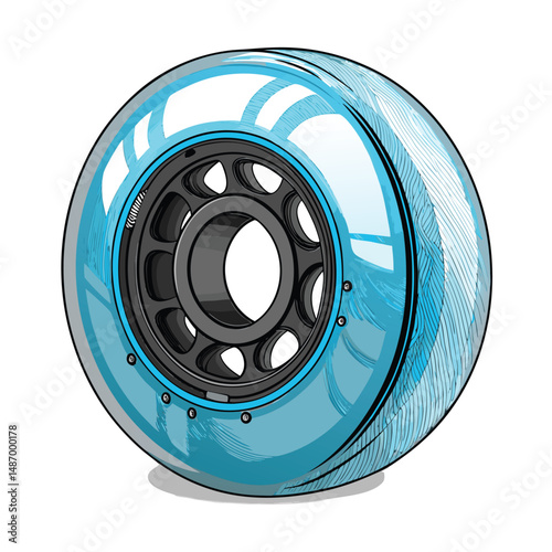 Create a vector illustration of a single, translucent blue rollerblade wheel, showcasing its internal structure and a U-shaped profile.  High detail, realistic shine.
