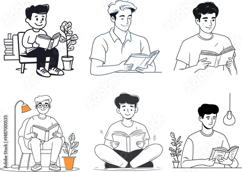 Illustration of men reading books in different poses on a white background