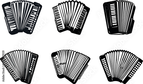 Six black and white accordions isolated on a white background