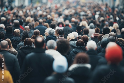Large crowd of people in an urban setting walking in the same direction.