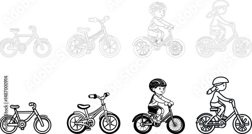 Progression of a child learning to ride a bicycle in line drawing style