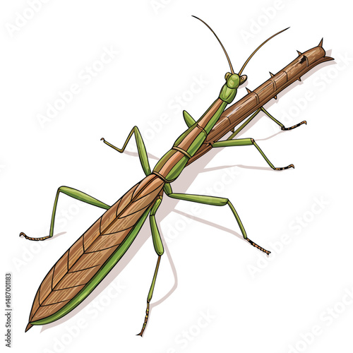 Create a detailed vector illustration of a brown and grey walking stick insect, showcasing its intricate legs and body in a realistic style.