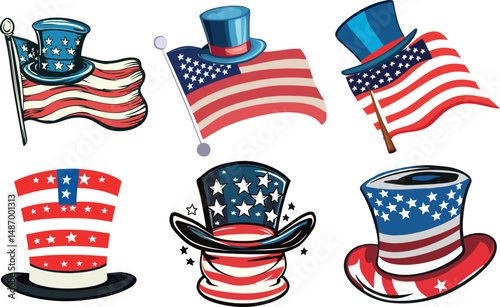 Collection of patriotic american flag and hat designs isolated on a white background