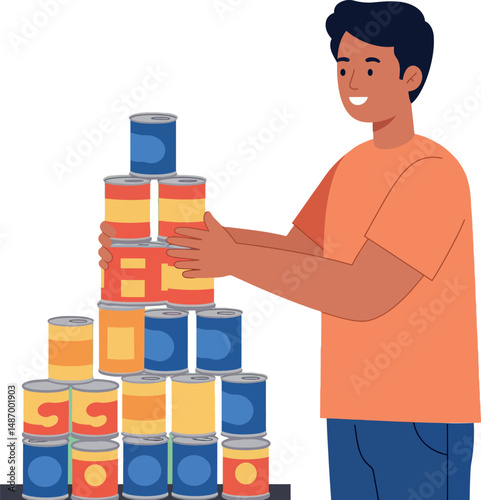 Young man stacking canned food in colorful containers for food donation or pantry organization vector 