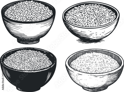 Four bowls of rice in an engraved style on a white background