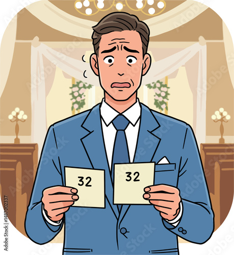 Nervous man holding identical wedding table cards at ceremony venue vector illustration 