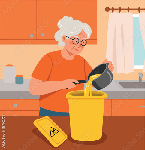 Elderly Woman Pouring Yellow Liquid into Hazardous Waste Container in Orange Kitchen Interior 