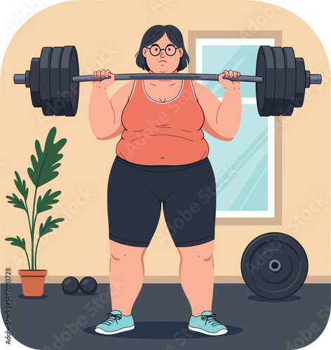 Woman lifting heavy barbell weights in gym workout fitness training vector illustration 