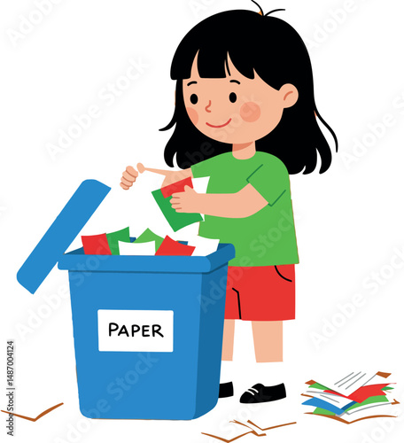 Girl recycling paper in blue bin promoting eco friendly waste management and sustainability 