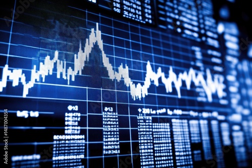 Fluctuating stock market data displayed on a screen.  Detailed financial information, including charts and numerical data, is visible