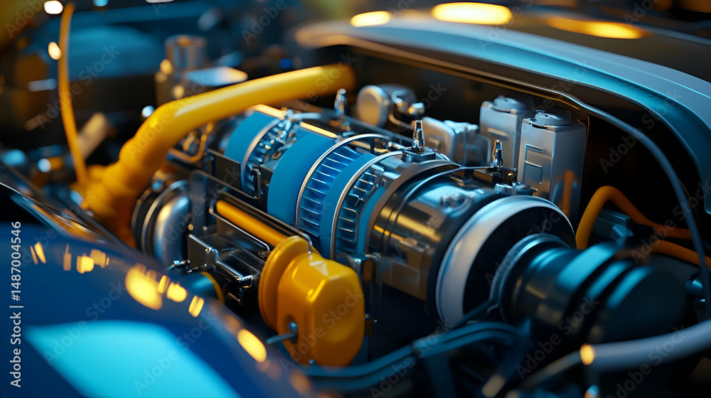 Fototapeta premium Detailed Close Up of a Car Engine with Blue and Yellow Components