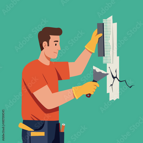 Man repairing cracked wall with putty knife and scraper in home improvement vector illustration 