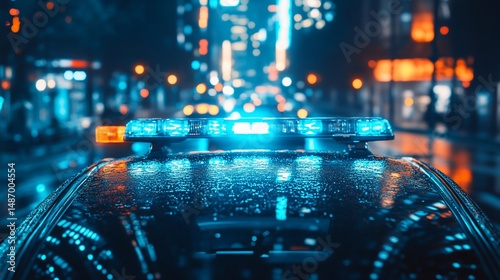 Night City Rain: Emergency Vehicle Lights Reflecting on Wet Car
