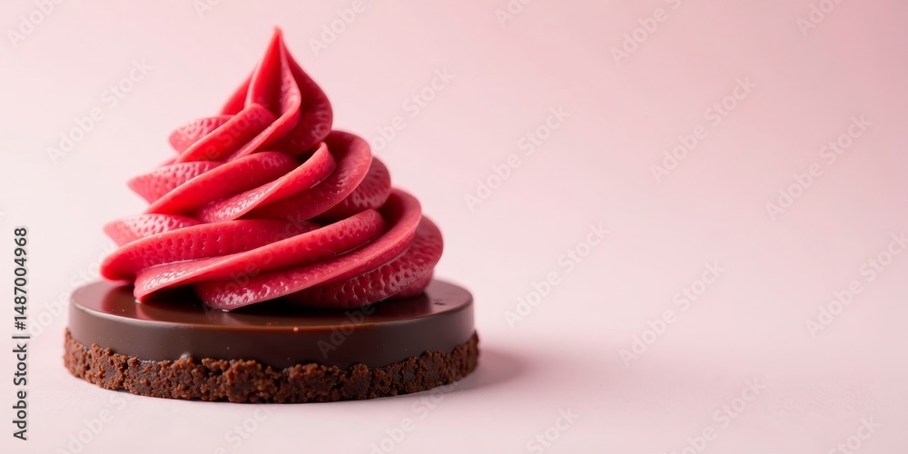 A delectable chocolate tart topped with a vibrant swirl of pink cream, a delightful confection perfect for an elegant celebration or a sweet indulgence A delectable chocolate tart topped with a vibrant swirl of pink cream, a delightful confection perfect for an elegant celebration or a sweet indulgence