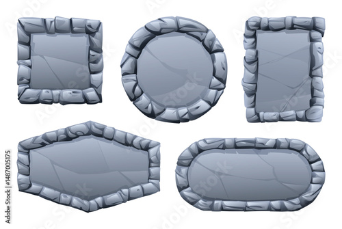 Set of stone frame with various shapes and rough textures. Stone banner element for game and web. Ui or gui design element. Vector cartoon illustration