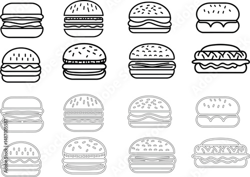 Various burger and sandwich outlines isolated on a white background