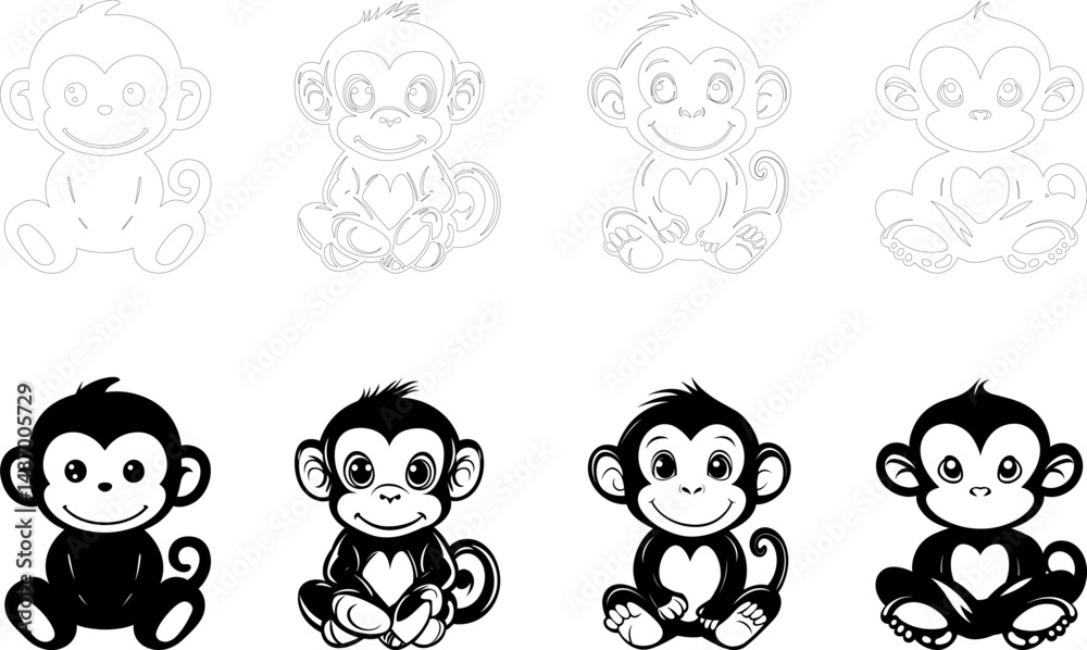 Four cartoon monkey designs in black and white on a white background Four cartoon monkey designs in black and white on a white background