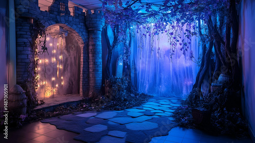 Enchanted Forest Path: A Magical Gateway Under Purple and Blue Lighting