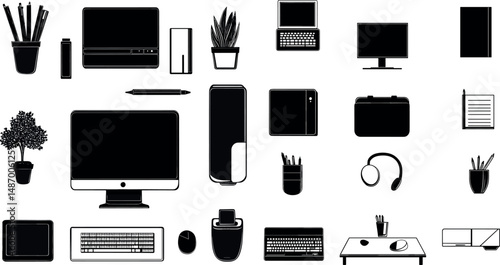 Set of office and technology items isolated on a white background