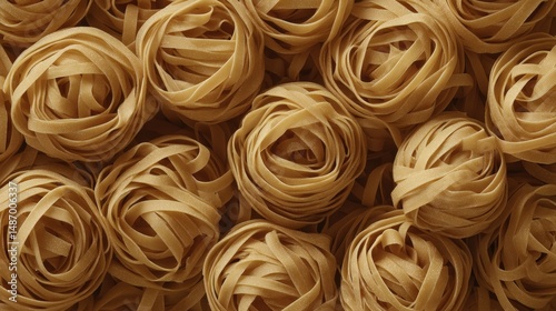 Bundles of uncooked fettuccine pasta nested together.